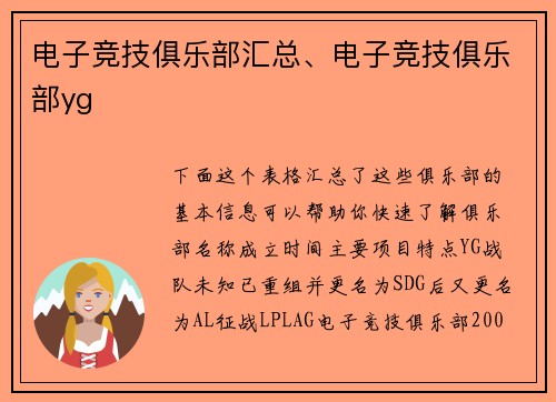 电子竞技俱乐部汇总、电子竞技俱乐部yg